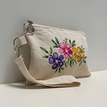 Uretti - Semiha 5931 - Çiçek Desenli  El Boyama Kadın Clutch -Krem