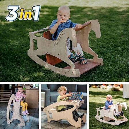 Reyo 3in1 Montessori Sallanan At, Mama Sandalyesi, MDF Çocuk Aktivite Masası