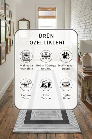 Modern Dijital Baskı Yıkanabilir Kaymaz Yolluk Halı Açık Gri
