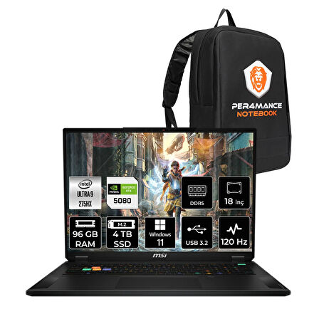 MSI Stealth 18 HX AI Ultra 9 275HX 96GB 4TB SSD RTX5080/16GB 150W 18'' UHD+ W11H Gaming Laptop