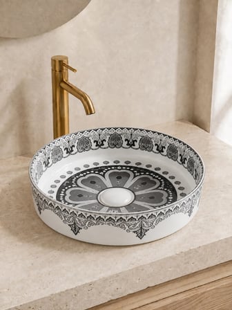 Siyah Beyaz Desenli Tezgah Üstü Seramik Çanak Lavabo