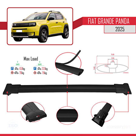 Fiat Grande Panda 2025-2025 Arası ile Uyumlu FLY Model Ara Atkı Tavan Barı Siyah 2 Adet
