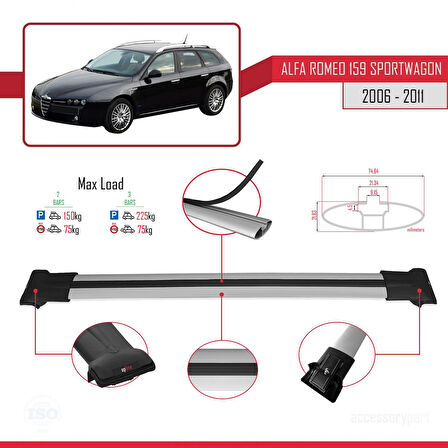 Alfa Romeo 159 (T939) SW 2006-2011 Arası ile Uyumlu FLY Model Ara Atkı Tavan Barı Gri 2 Adet
