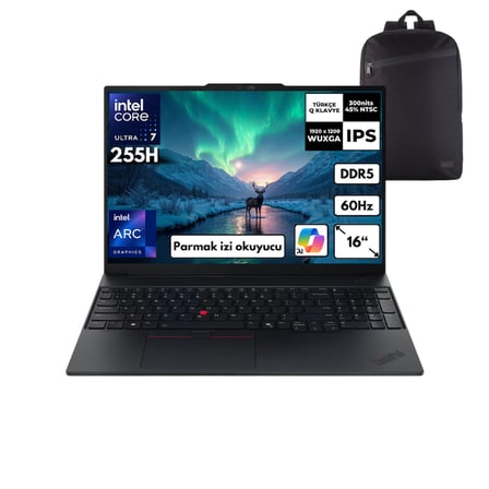 Lenovo E16 G3 Ultra 7-255H 16-GBDDR5 1 TBSSD Intel Arc Graphics 16" Windows 11 Home + QB Sırt Çantası 21SR006RTXQB41