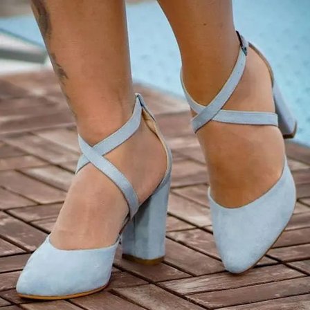 ForeverSoles Kadın Mavi Suni Deri Kalın Topuklu Kapalı Burun Abiye Ayakkabı Düğün Nişan Davet