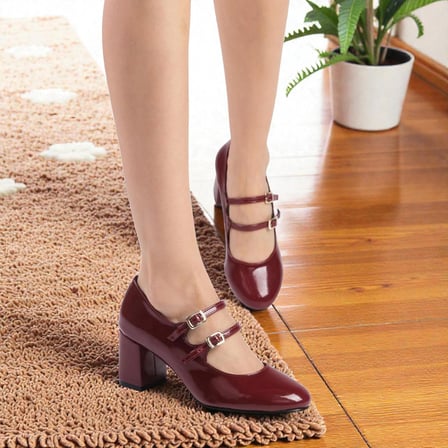 Jimatsu Abiye Ayakkabı Bordo Rugan Kalın Topuklu Çift Bantlı Tokalı Kadın 6.5 cm