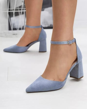 ForeverSoles Kadın Mavi Suni Deri Kalın Topuklu Bilekten Bantlı Açık Burun Sandalet Düğün Nişan Davet