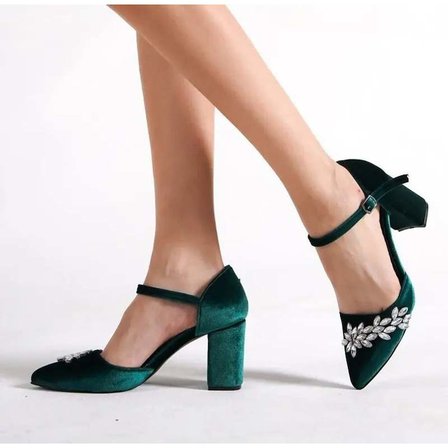 ForeverSoles Kadın Yeşil Kadife Görünümlü İnce Topuklu Kapalı Burun Stiletto Ayakkabı Düğün Nişan Davet