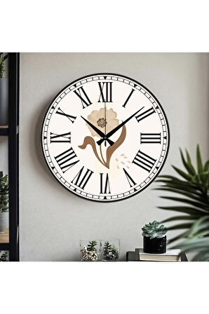 Çiçek desenli Dekoratif Türkçe Rakamlı UV Baskılı Duvar Saati (Sessiz) Akar Mekanizma Metal Akrep