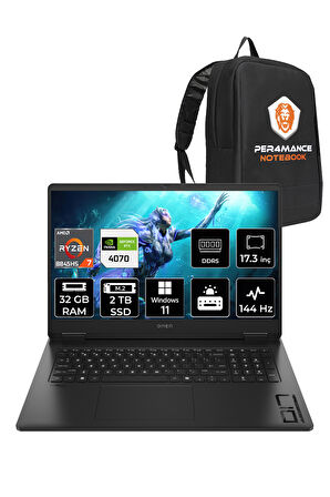 HP OMEN 17 R7 8845HS 32GB RAM 2TB SSD RTX4070/8GB 144Hz 17.3'' FHD W11H Gaming Laptop & PER4 ÇANTA