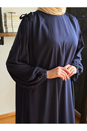 Omzu Tünel Detaylı Elbise Medine İpeği 5063 NAVRA | FENDEL