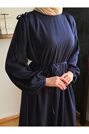 Omzu Tünel Detaylı Elbise Medine İpeği 5063 NAVRA | FENDEL