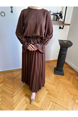 Piliseli Etek + Bluz Takım 5076 acı kahve | FENDEL