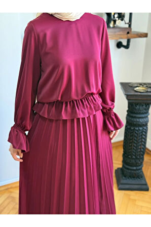 Piliseli Etek + Bluz Takım 5076 bordo | FENDEL