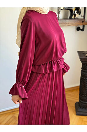 Piliseli Etek + Bluz Takım 5076 bordo | FENDEL