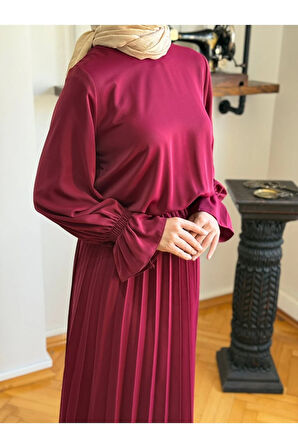 Piliseli Etek + Bluz Takım 5076 bordo | FENDEL