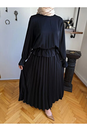 Piliseli Etek + Bluz Takım 5076 siyah | FENDEL