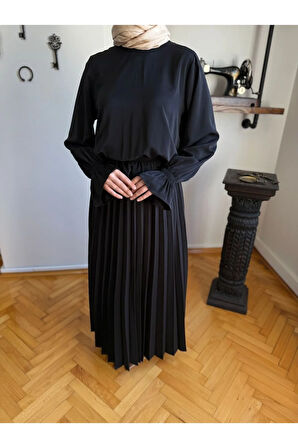 Piliseli Etek + Bluz Takım 5076 siyah | FENDEL