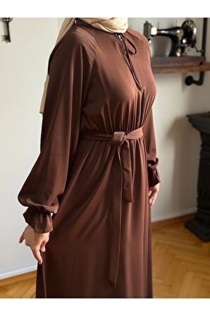 Reglan Kol Bel Lastikli Elbise 5077 kahverengi | FENDEL
