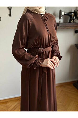 Reglan Kol Bel Lastikli Elbise 5077 kahverengi | FENDEL