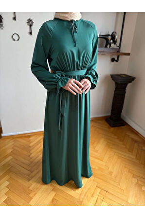 Reglan Kol Bel Lastikli Elbise 5077 zümrüt yeşili | FENDEL