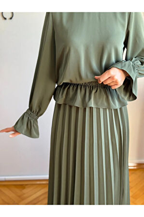 Piliseli Etek + Bluz Takım 5076 açık haki | FENDEL