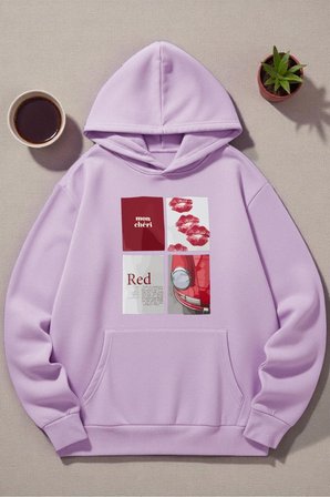 Unisex Red Mon Cheri Baskılı kapüşonlu Sweatshirt