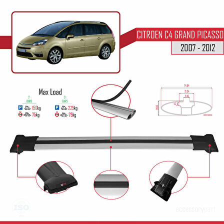 Citroen Grand C4 Picasso 2007-2012 Arası ile Uyumlu FLY Model Ara Atkı Tavan Barı Gri 2 Adet