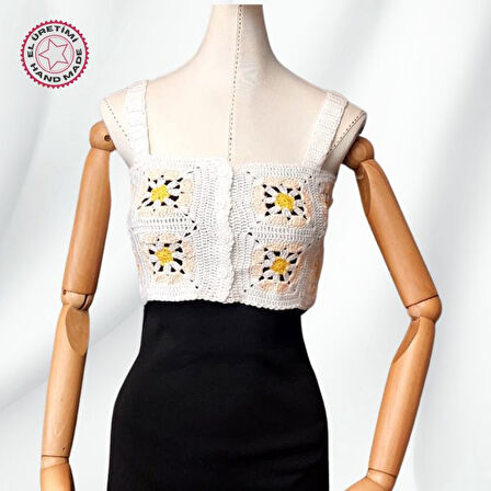 Uretti - Yıldız 7202 0063 El Örgüsü Yazlık Beyaz Kadın Büstiyer / Crop Bluz - 36/38/40 - Sarı