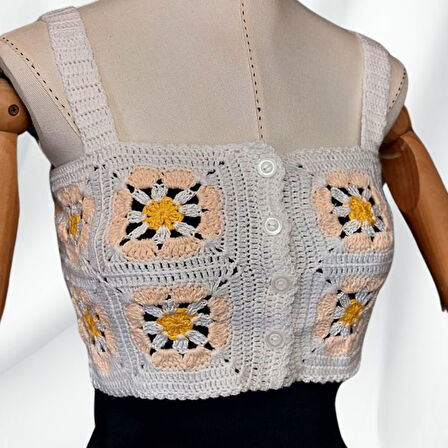 Uretti - Yıldız 7202 0063 El Örgüsü Yazlık Beyaz Kadın Büstiyer / Crop Bluz - 36/38/40 - Sarı