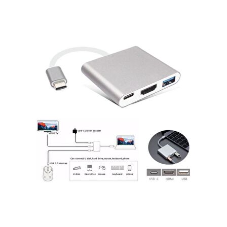 Type-C To HDMI USB 3.0 Çevirici 3'in 1 Dönüştürücü Adaptör
