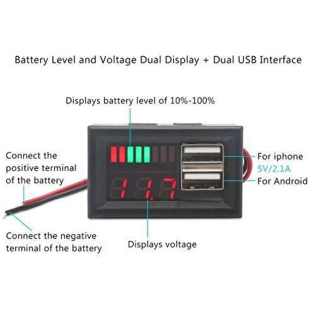 12V Akü Kapasite Göstergesi - 5V 2A USB Çıkışlı