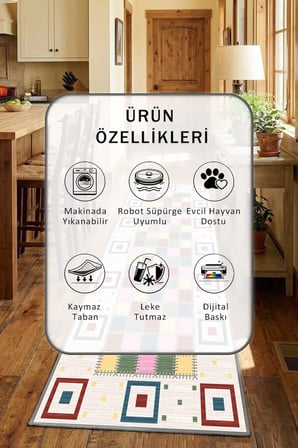 Eko Renkli Gri Modern Mutfak Halısı Yıkanabilir Kaymaz Su İtici