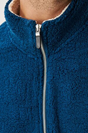 Erkek Petrol Tas Standart Fit Bato Yaka Kanguru Cepli Çift Renkli Sherpa Polar Sweatshirt