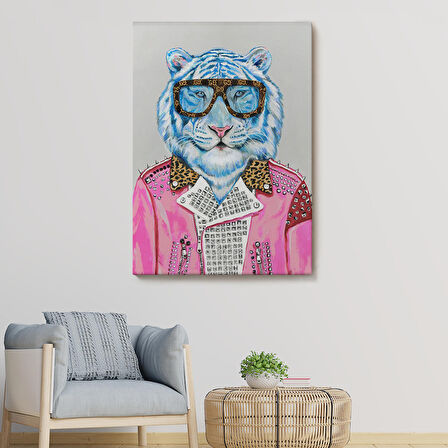 Tüketim Bağımlısı Pembe Ceketli Kaplan Duvar Tablosu-6156