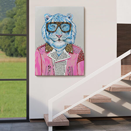 Tüketim Bağımlısı Pembe Ceketli Kaplan Duvar Tablosu-6156