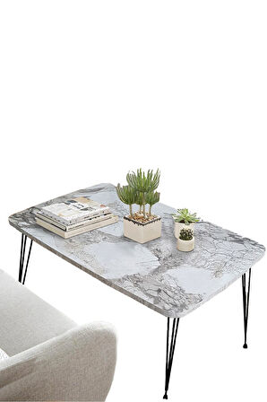 Elit Oval Siyah Mermer Masa Orta Sehpa Metal Firkete Ayaklı 50x90 Cm