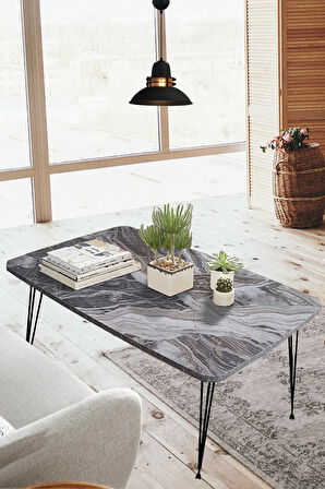 Elit Oval Siyah Mermer Masa Orta Sehpa Metal Firkete Ayaklı 50x90 Cm