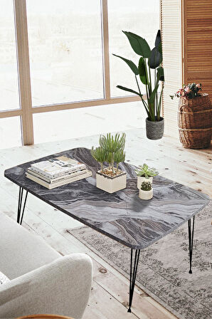 Elit Oval Siyah Mermer Masa Orta Sehpa Metal Firkete Ayaklı 50x90 Cm