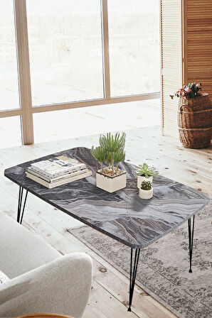 Elit Oval Siyah Mermer Masa Orta Sehpa Metal Firkete Ayaklı 50x90 Cm