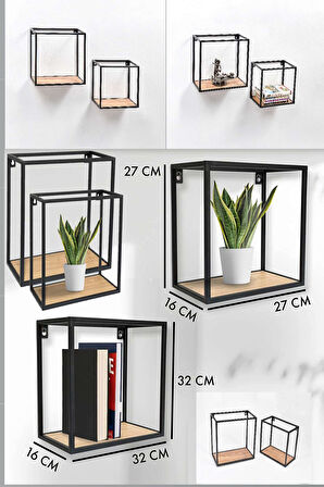 Dekoratif 2'li Küp Set Siyah Metal Duvar Rafı Kitaplık Saksılık Ahşap Tabla 15 Kg Yük Kapasiteli