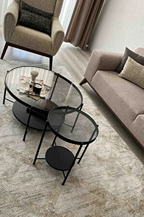 Nordic Orta Sehpa Temperli Cam 75 cm Demonte Çizilmez Kırılmaz Metal Çerçeve Raflı Minimalist Sehpa