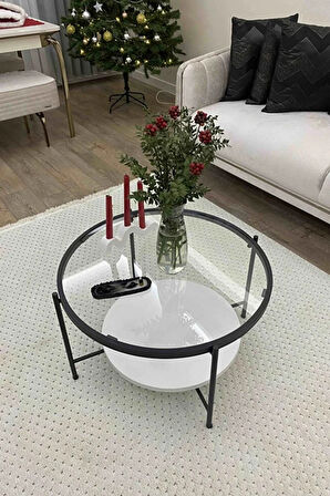 Nordic Orta Sehpa Temperli Cam 75 cm Demonte Çizilmez Kırılmaz Metal Çerçeve Raflı Minimalist Sehpa