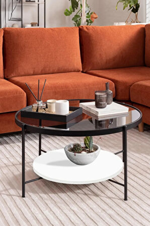 Nordic Orta Sehpa Temperli Cam 75 cm Demonte Çizilmez Kırılmaz Metal Çerçeve Raflı Minimalist Sehpa