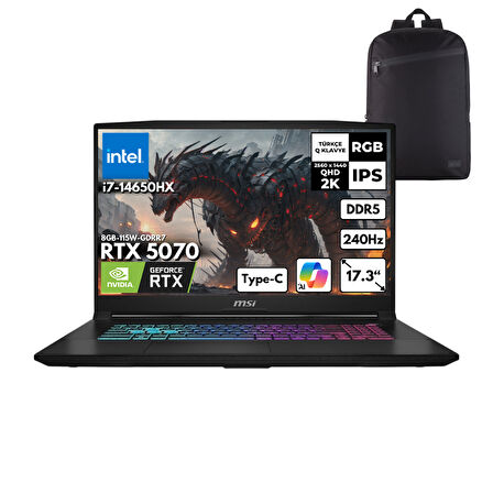 MSI KATANA 17 HX i7-14650HX 32-GBDDR5 1 TBSSD RTX5070 (8GB-115W-GDRR7) 17.3" 2K QHD 240Hz Windows 11 Home + HMF Sırt Çantası B14WGK-046XTRHMF32