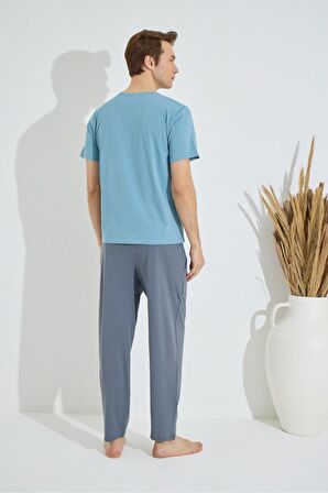 Erkek Mavi Bisiklet Yaka Kısa Kol Yuvarlak Yaka Cepli Yazlık Pamuklu Pijama Takımı