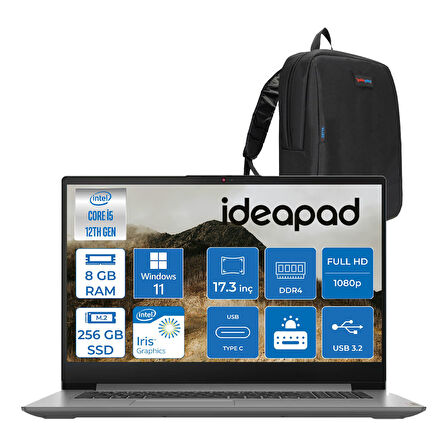 Lenovo Ideapad 3 17IAU7 Intel Core I5-1235U 8gb 256GB SSD Windows 11 Pro Intel® UHD Graphics IPS 17.3 Inç Fullhd 300NITS Taşınabilir Bilgisayar 82RL00CLTXP01 + Zetta Çanta
