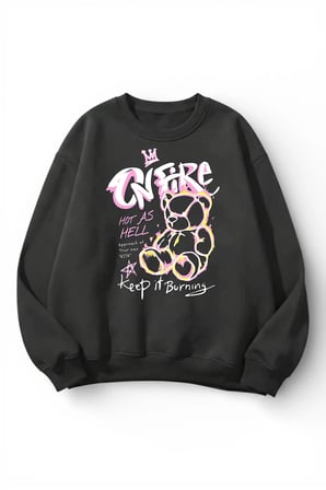 Unisex Yumuşak Dokulu On Fire Risk Baskılı Tasarım Oversize 3 İplik Bisiklet Yaka Sweatshirt