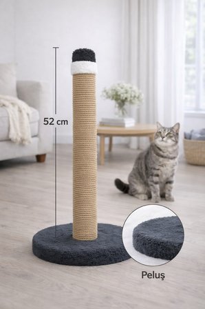 Kedi Tırmalama Tahtası 52 cm Kalın Halatlı Geniş Peluş Taban Dayanıklı Tırmalama Direği Antrasit