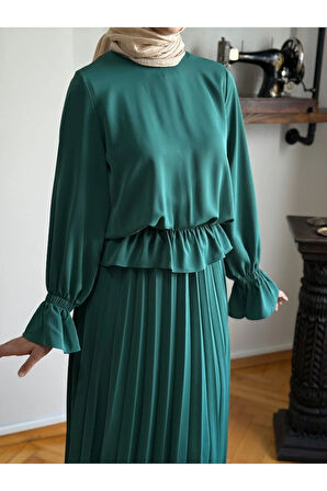 Piliseli Etek + Bluz Takım 5076 zümrüt | FENDEL